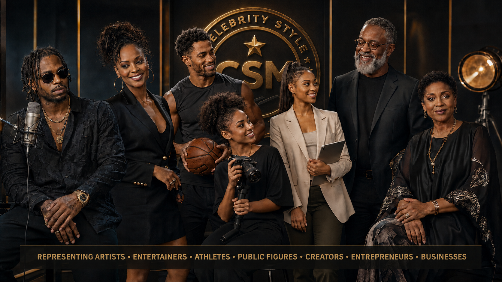 Multicultural group representing CSM clients including artists, entertainers, athletes, creators, public figures and business owners