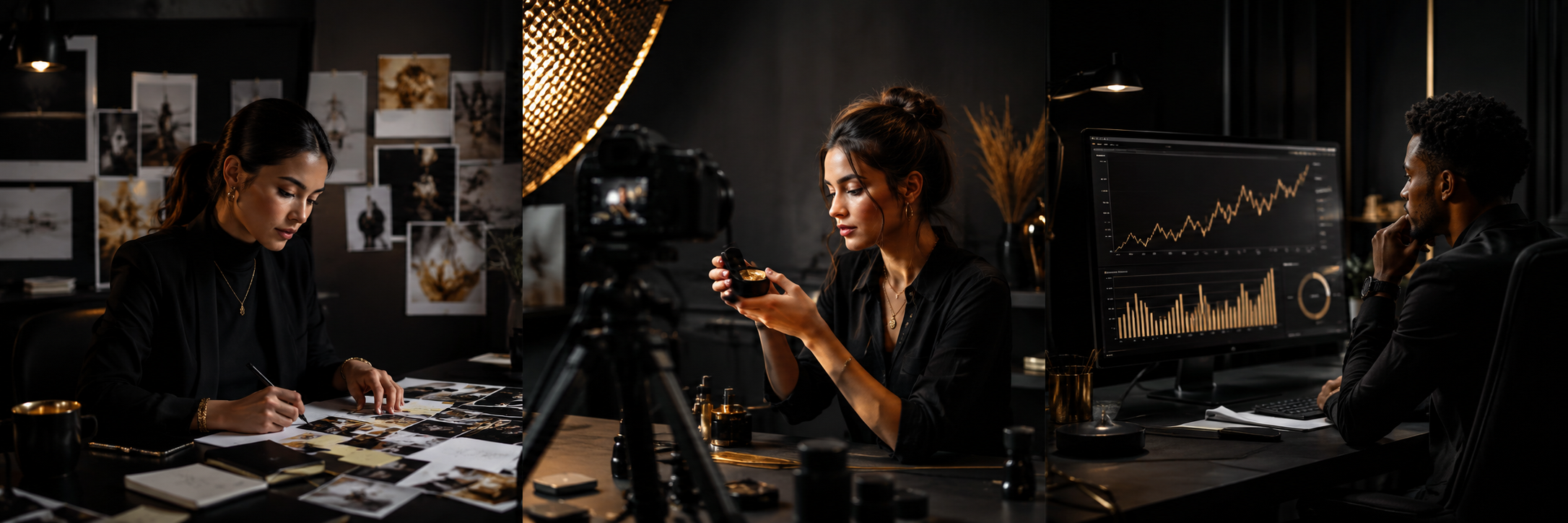Marketing strategist planning content, a professional content production session and an analyst monitoring audience growth